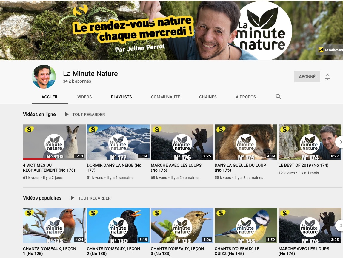 Page d'accueil de la Minute Mature, chaîne YouTube franco-suisse sur la nature de proximité.