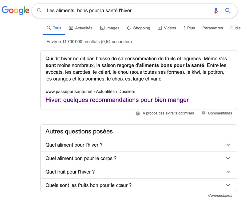 google page de résultats de recherche : encart « autres questions posées »