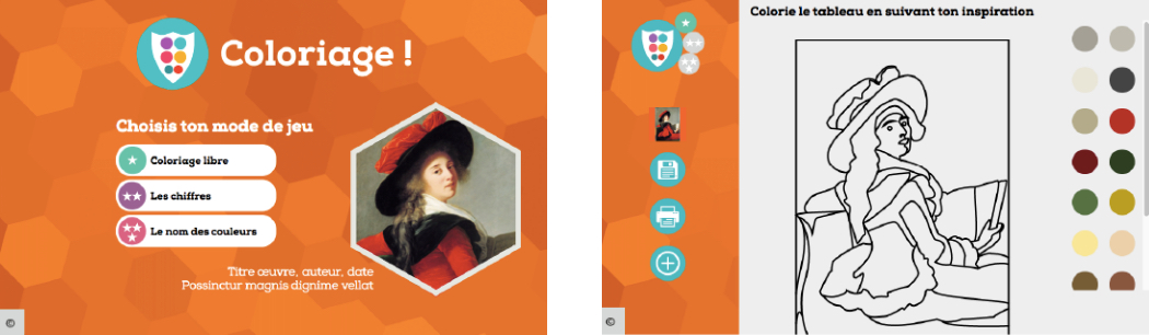 Captures écran jeu de coloriage interactif pour musée, CustomGame, Mediatools