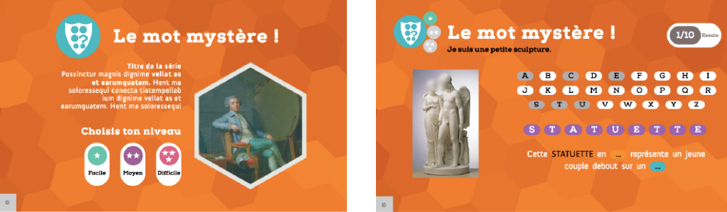 Captures écran jeu mot mystère interactif pour musée, CustomGame, Mediatools