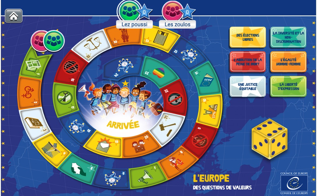Jeu sur les valeurs de l'Europe, produit pour le Conseil de l'Europe par Mediatools :plateau jeu en français.