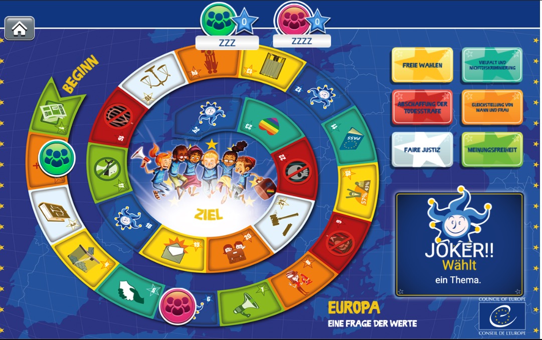 Jeu sur les valeurs de l'Europe, produit pour le Conseil de l'Europe par Mediatools :plateau jeu en allemand.