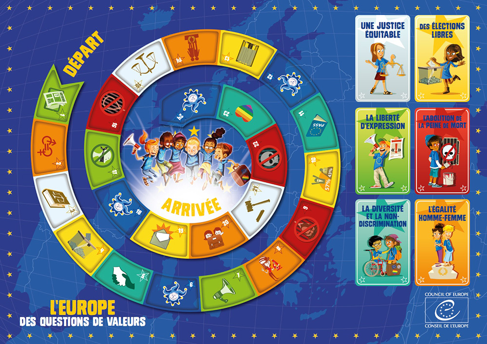 Jeu sur les valeurs de l'Europe, produit pour le Conseil de l'Europe par Mediatools : poster recto en en français.