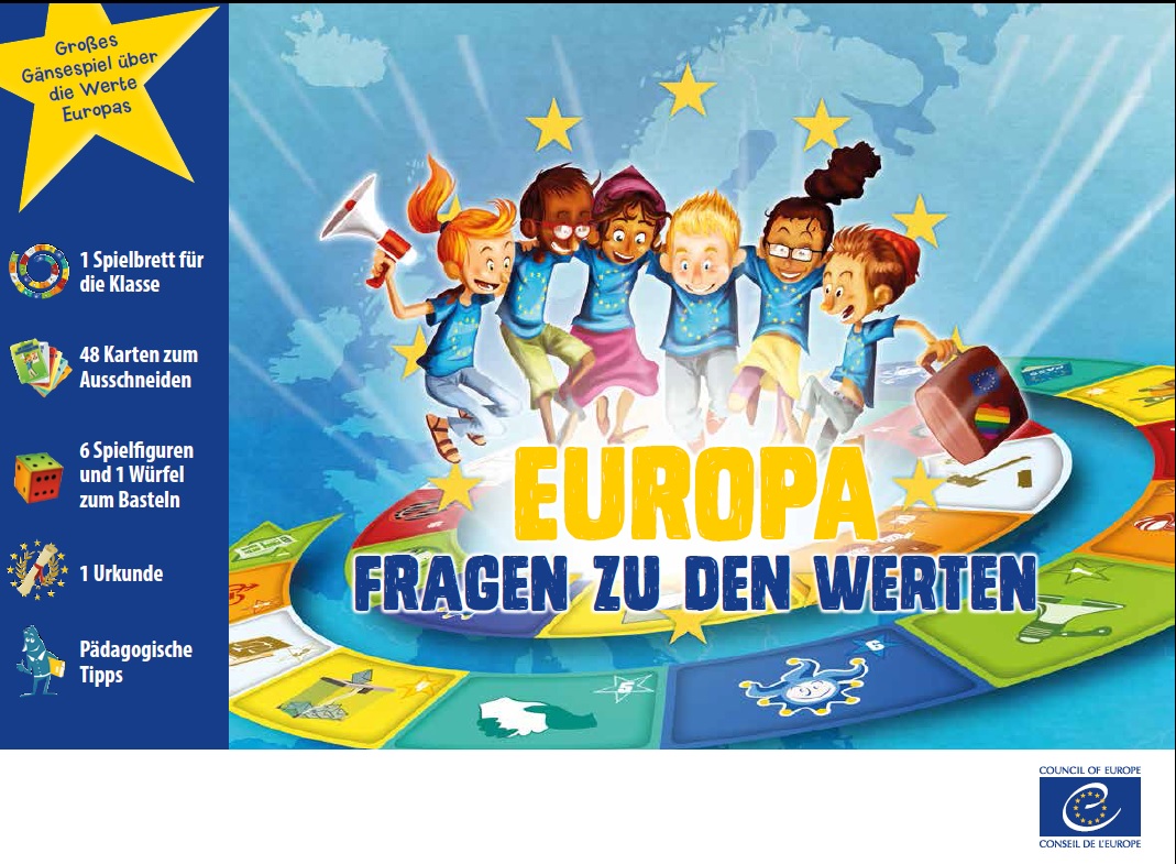 Jeu sur les valeurs de l'Europe, produit pour le Conseil de l'Europe par Mediatools : couverture en allemand.