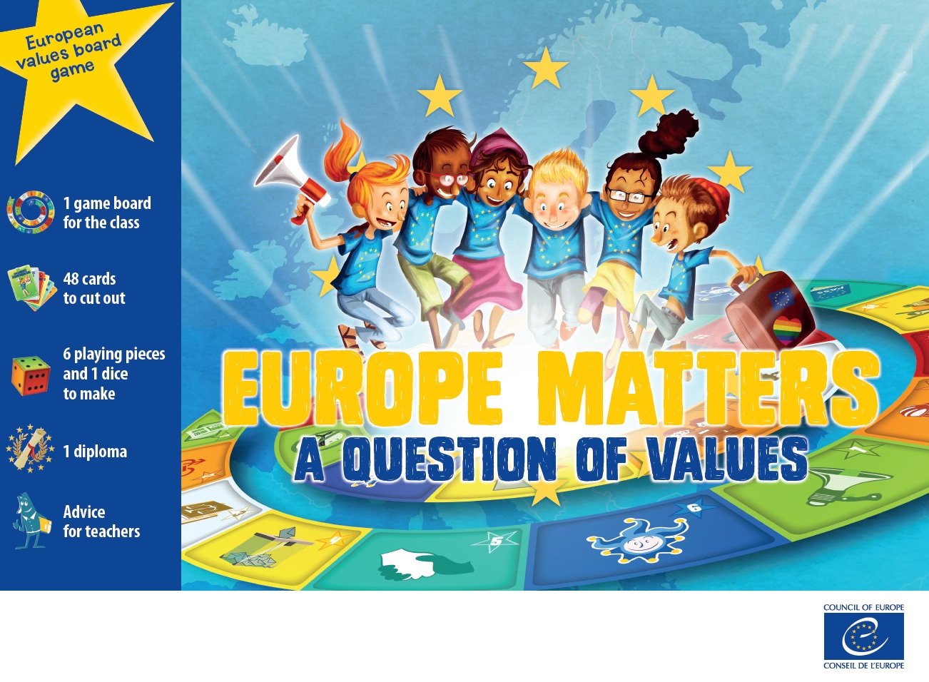 Jeu sur les valeurs de l'Europe, produit pour le Conseil de l'Europe par Mediatools : couverture en anglais