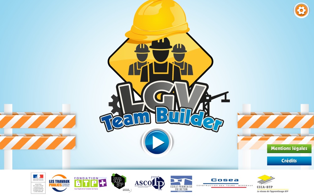 Lgv Team Builder, serious game jeu sur les métiers de construction d'une ligne LGV, produit par Mediatools, capture écranécran d'accueil