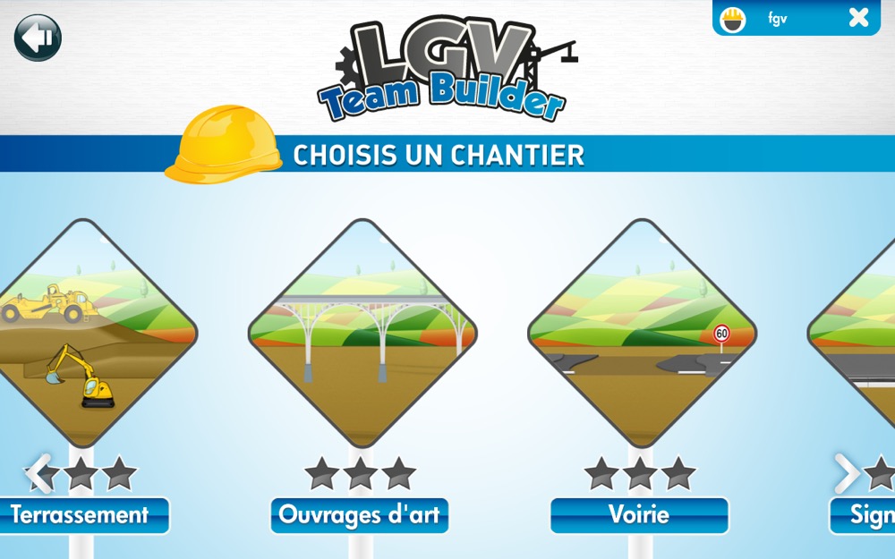 Lgv Team Builder, serious game jeu sur les métiers de construction d'une ligne LGV, produit par Mediatools, capture écranchoix du chanier