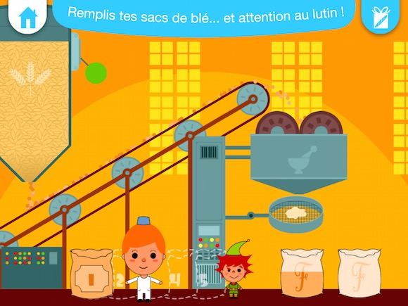Perlinpaipain, application jeu sur le pain pour les 4/7 ans : jeu d'adresse dans la meunerie