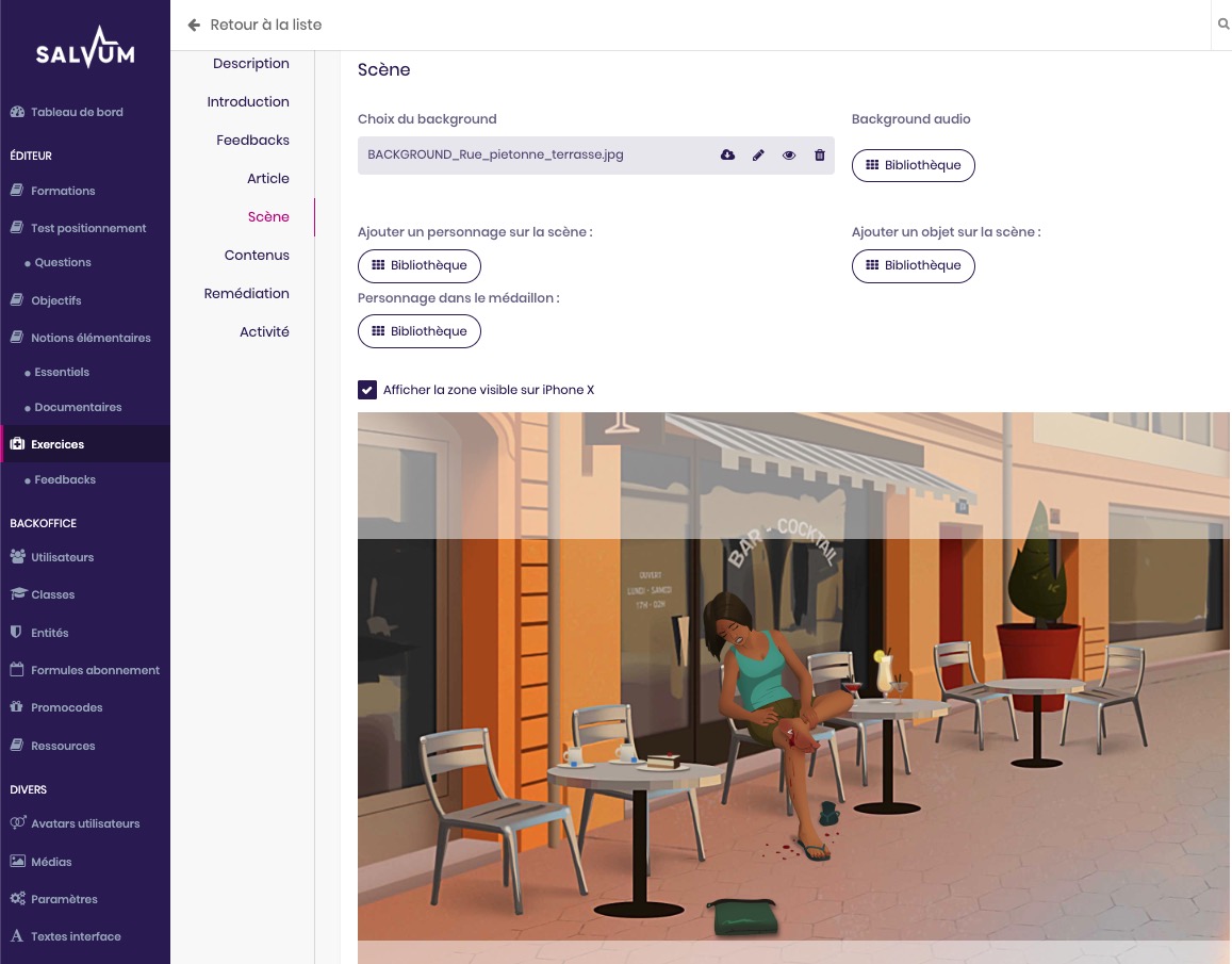 Salvum CMS pour construire des formations en ligne au secourisme, vue page d'édition d'un exercice