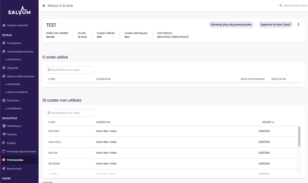 Salvum CMS pour construire des formations en ligne au secourisme, vue de l'outil de génération de promocodes